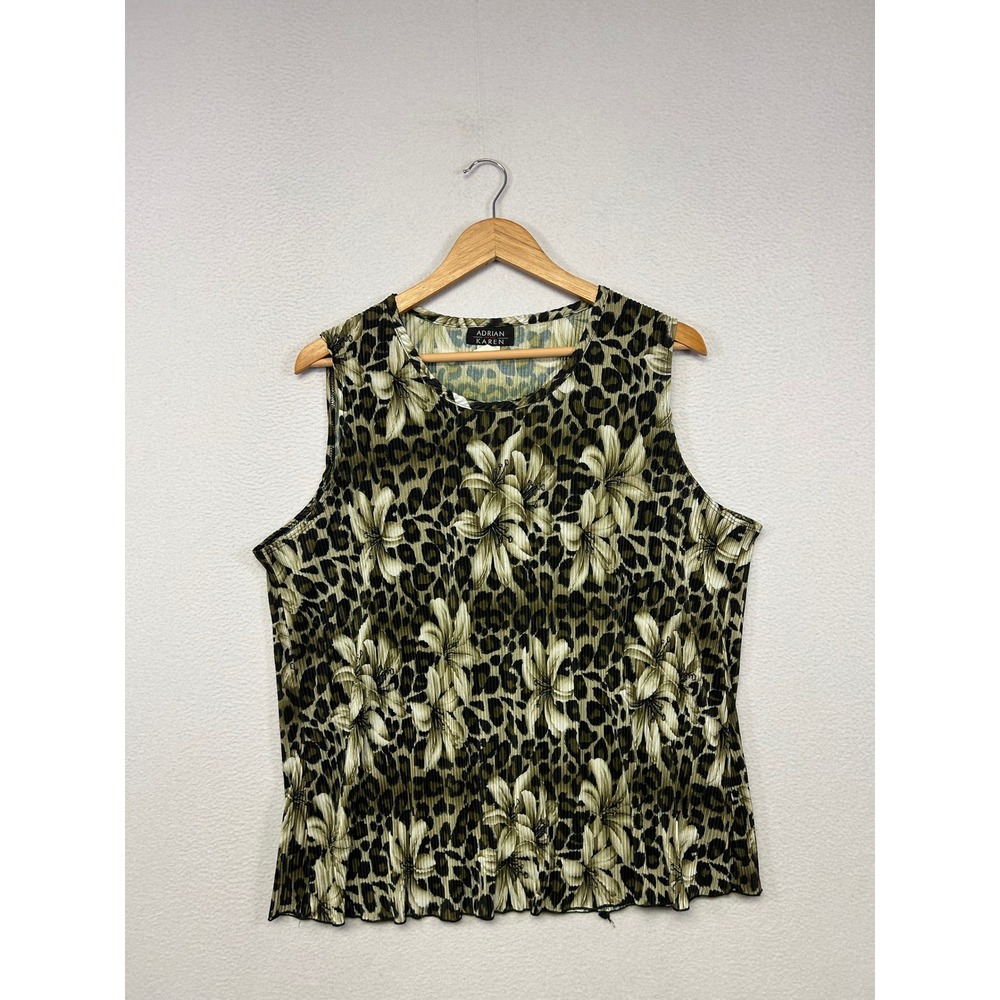 Mob Wife Y2K Adrian Karen Women 3X Green Leopard Floral Pleated Sleeveless Tank